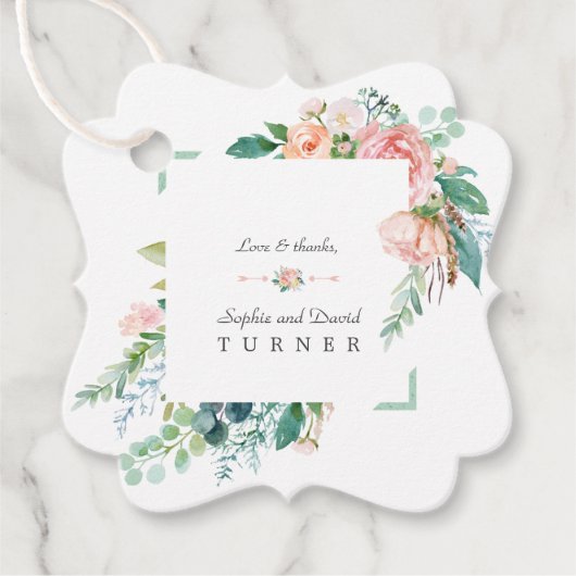 Waterverf Roze Witte Bloemen Groen Lijst Weddensch Bedankjes Labels (Voorkant)