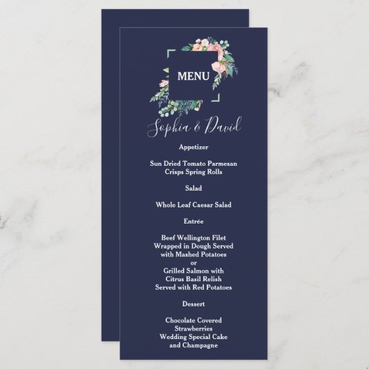 Waterverf Roze Witte Bloemen Groen Lijst Weddensch Menu (Voorkant / Achterkant)