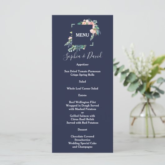 Waterverf Roze Witte Bloemen Groen Lijst Weddensch Menu (Staand voorkant)