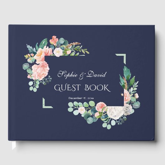 Waterverf Roze Witte Bloemen Groene Frame Trouwdag Gastenboek (Voorkant)