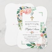 Waterverf Roze Witte Bloemen Groene Lijst Doop Kaart (Voorkant / Achterkant)