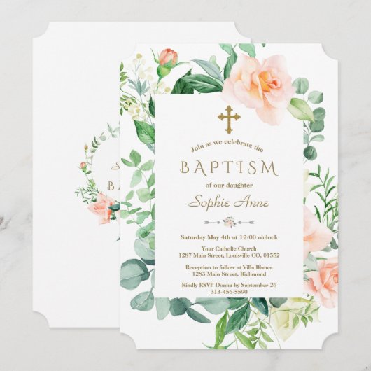 Waterverf Roze Witte Bloemen Lijst Baptisme Kaart (Voorkant / Achterkant)