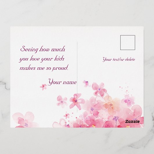 Waterverf Roze Witte Bloemen Moederdag Wens Folie Feestdagen Briefkaart (Achterkant)