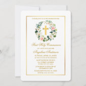 Waterverf Roze Witte Bloemenkrans Gouden Communie Kaart (Voorkant)