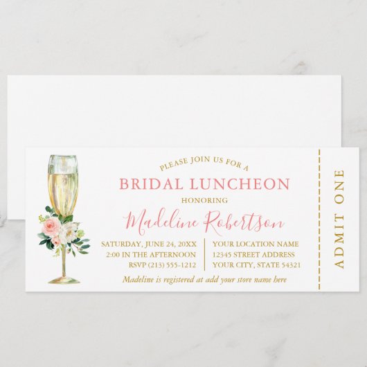 Waterverf Roze witte flora Bridal Lunch Ticket Kaart (Voorkant / Achterkant)