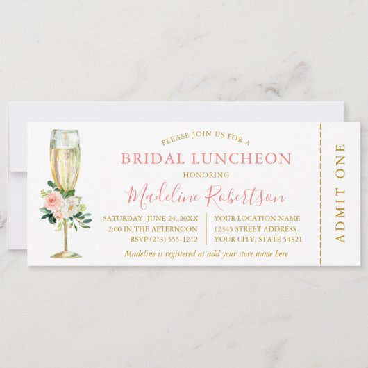 Waterverf Roze witte flora Bridal Lunch Ticket Kaart (Voorkant)