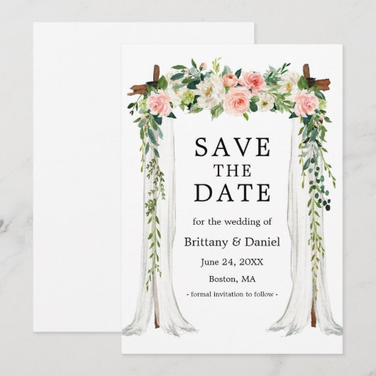 Waterverf roze witte flora save the date (Voorkant / Achterkant)