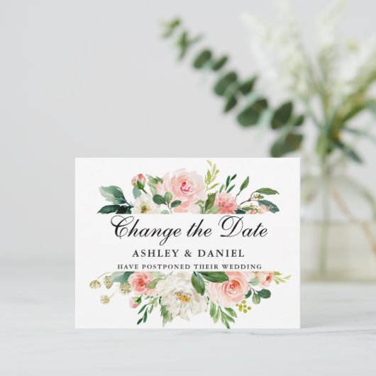 Waterverf roze witte flora Verander de datum Briefkaart (Staand voorkant)