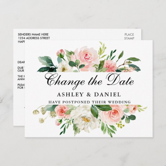 Waterverf roze witte flora Verander de datum Briefkaart (Voorkant / Achterkant)