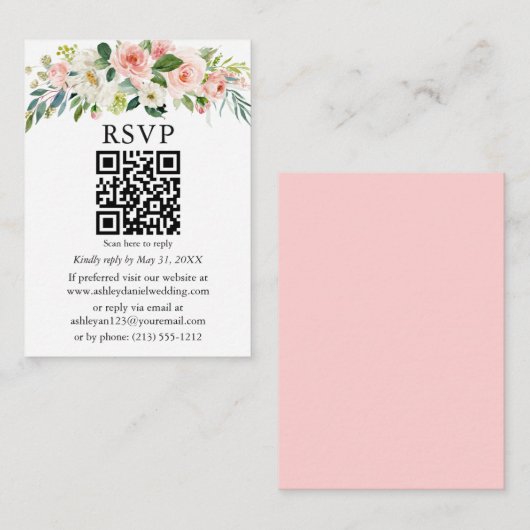 Waterverf roze witte Floral bruiloft QR RSVP Informatiekaartje (Voorkant / Achterkant)