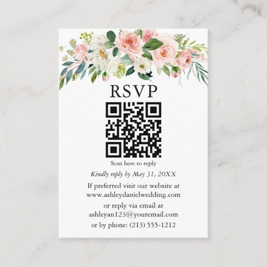 Waterverf roze witte Floral bruiloft QR RSVP Informatiekaartje (Voorkant)