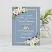 Waterverf Roze witte Floral Stusty Blue Wedding Kaart (Staand voorkant)