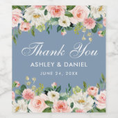 Waterverf Roze witte Floral Stusty Blue Wedding Wijn Etiket (Enkel label)