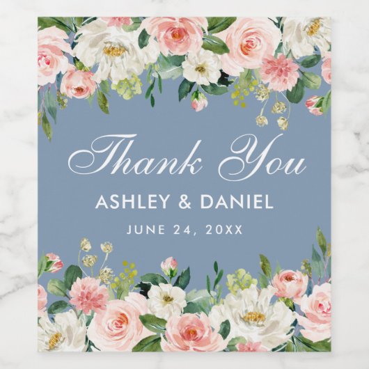 Waterverf Roze witte Floral Stusty Blue Wedding Wijn Etiket (Enkel label)