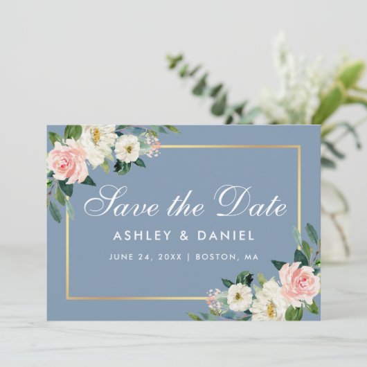 Waterverf Roze witte kleur Stustblauw Save The Date (Staand voorkant)