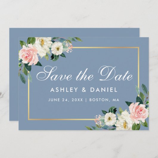 Waterverf Roze witte kleur Stustblauw Save The Date (Voorkant / Achterkant)