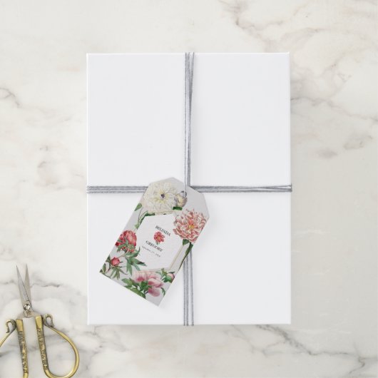 Waterverf Roze Witte Pioen Bloemen Bruiloft Cadeaulabel (Met Touw)