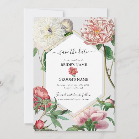 Waterverf Roze Witte Pioen Bloemen Bruiloft Save The Date (Voorkant)