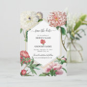 Waterverf Roze Witte Pioen Bloemen Bruiloft Save The Date (Staand voorkant)