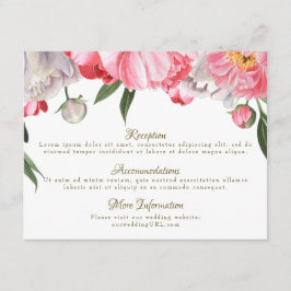 Waterverf Roze & Witte Pioenrozen Bloemen Bruiloft Informatiekaartje