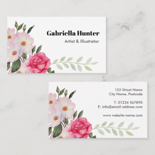 Waterverf Roze witte rozen Ballerina Floral Leafy Visitekaartje