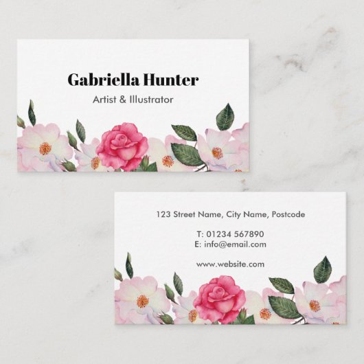 Waterverf Roze witte rozen Ballerina Floral Visitekaartje (Voorkant / Achterkant)