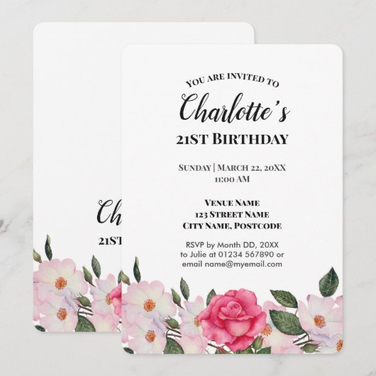 Waterverf roze witte rozen Birthday Party Kaart (Voorkant / Achterkant)
