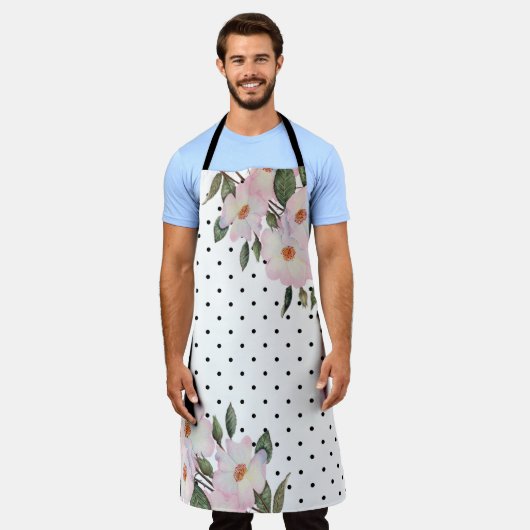 Waterverf roze witte rozen zwarte witte pooldots schort (Gedragen)