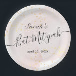 Waterverf Roze x Gold Bat Mitzvah Papieren Bordje<br><div class="desc">Dit chique en elegante bat mitswa papieren bord heeft een witte achtergrond met blush roze penseelstreken in waterverf en faux gold splatters. Personaliseer het voor uw behoeften. Meer bijpassende producten vind je in mijn winkel.</div>