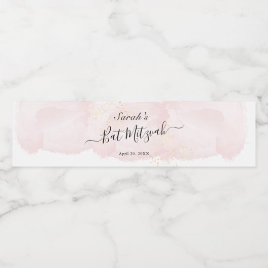 Waterverf Roze x Gold Bat Mitzvah Waterfles Etiket (Enkel label)