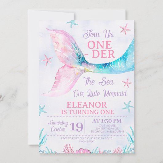 Waterverf Roze Zeemeermin Oneder het Zee Verjaarda Kaart (Voorkant)