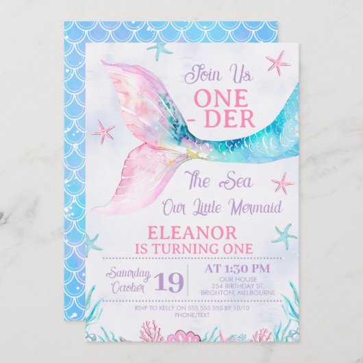 Waterverf Roze Zeemeermin Oneder het Zee Verjaarda Kaart (Voorkant / Achterkant)