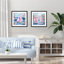 Waterverf Roze Zeilboot Kust Blauw Plein Poster