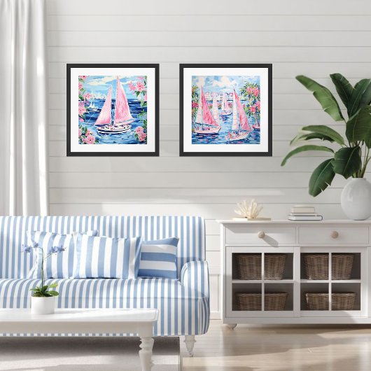 Waterverf Roze Zeilboot Kust Blauw Plein Poster