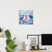 Waterverf Roze Zeilboot Kust Blauw Plein Poster (Thuiskantoor)
