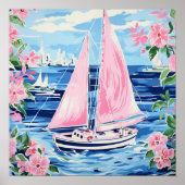 Waterverf Roze Zeilboot Kust Blauw Plein Poster (Voorkant)