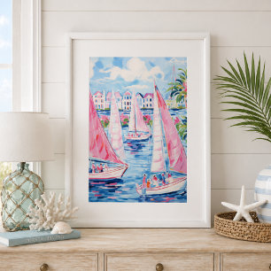 Waterverf Roze Zeilboten Tropische Kust Muur Poster