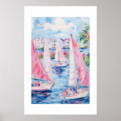 Waterverf Roze Zeilboten Tropische Kust Poster (Voorkant)