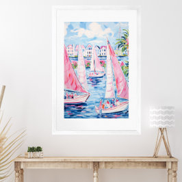 Waterverf Roze Zeilboten Tropische Kust Poster