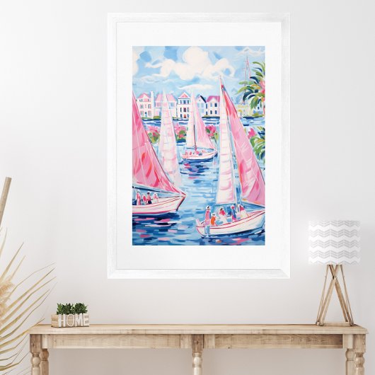 Waterverf Roze Zeilboten Tropische Kust Poster