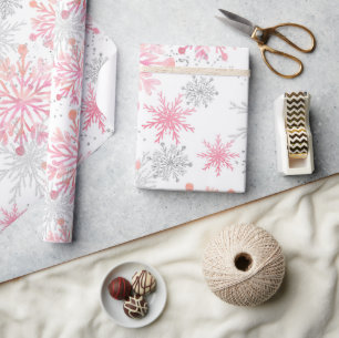 Waterverf Roze & Zilver Glitter Winter Sneeuwvlokk Cadeaupapier