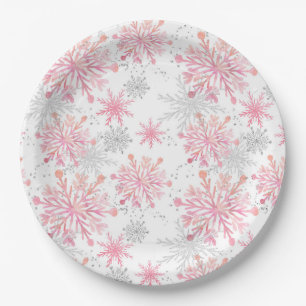 Waterverf Roze & Zilver Glitter Winter Sneeuwvlokk Papieren Bordje