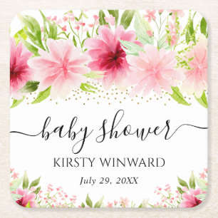 Waterverf Roze Zomer Bloemen Baby Shower Kartonnen Onderzetters