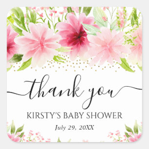 Waterverf Roze Zomer Bloemen Baby Shower Vierkante Sticker