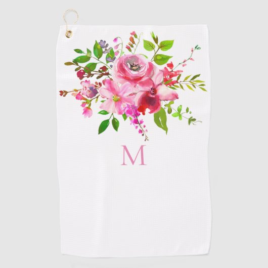 Waterverf Roze Zomer Bloemen Monogram Golfhanddoek (Voorkant)