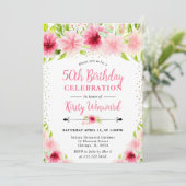 Waterverf Roze Zomerbloemen 50e Verjaardag Kaart (Staand voorkant)