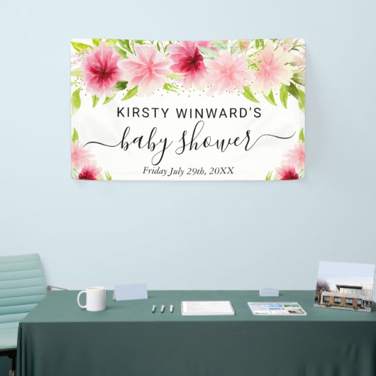 Waterverf Roze Zomerbloemen Baby shower Welkom Spandoek (Beurs)