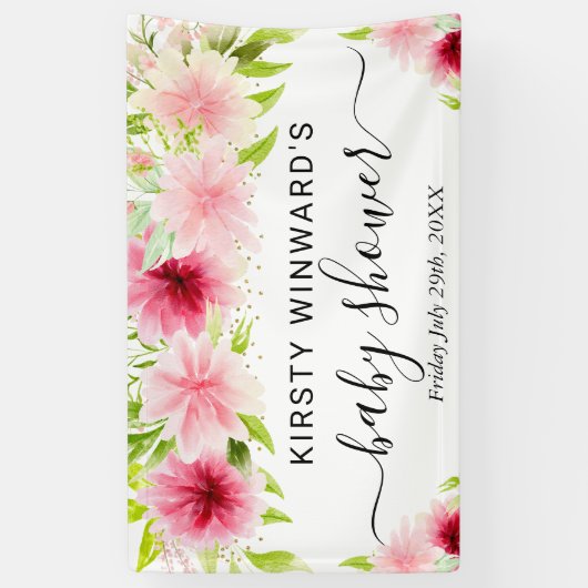 Waterverf Roze Zomerbloemen Baby shower Welkom Spandoek (Verticaal)