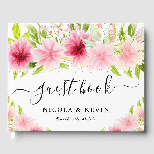Waterverf roze zomerbloemen bruiloft gastenboek (Voorkant)