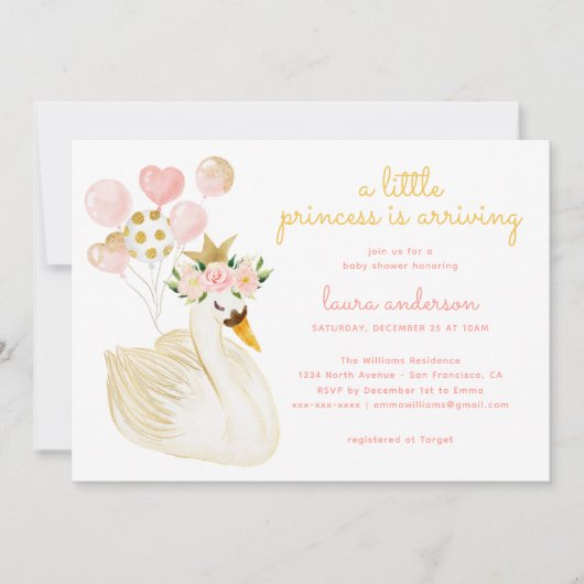 Waterverf Roze Zwaan Kleine Prinses Baby shower Kaart (Voorkant)